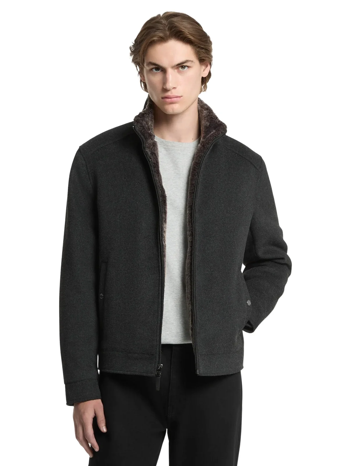 Michael Kors Collection Brett Faux Fur Trim Woven Jacket in Grey