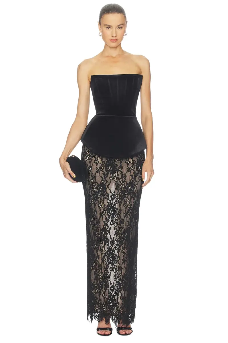 Bronx and Banco Strapless Velvet And Lace Maxi Dress