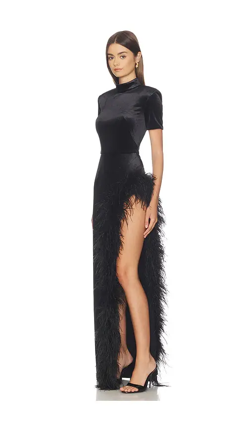 Bronx and Banco Short Sleeve Velvet Maxi Dress With Feather Trim | Thumbnail 2 Bronx and Banco Short Sleeve Velvet Maxi Dress With Feather Trim | Thumbnail 2