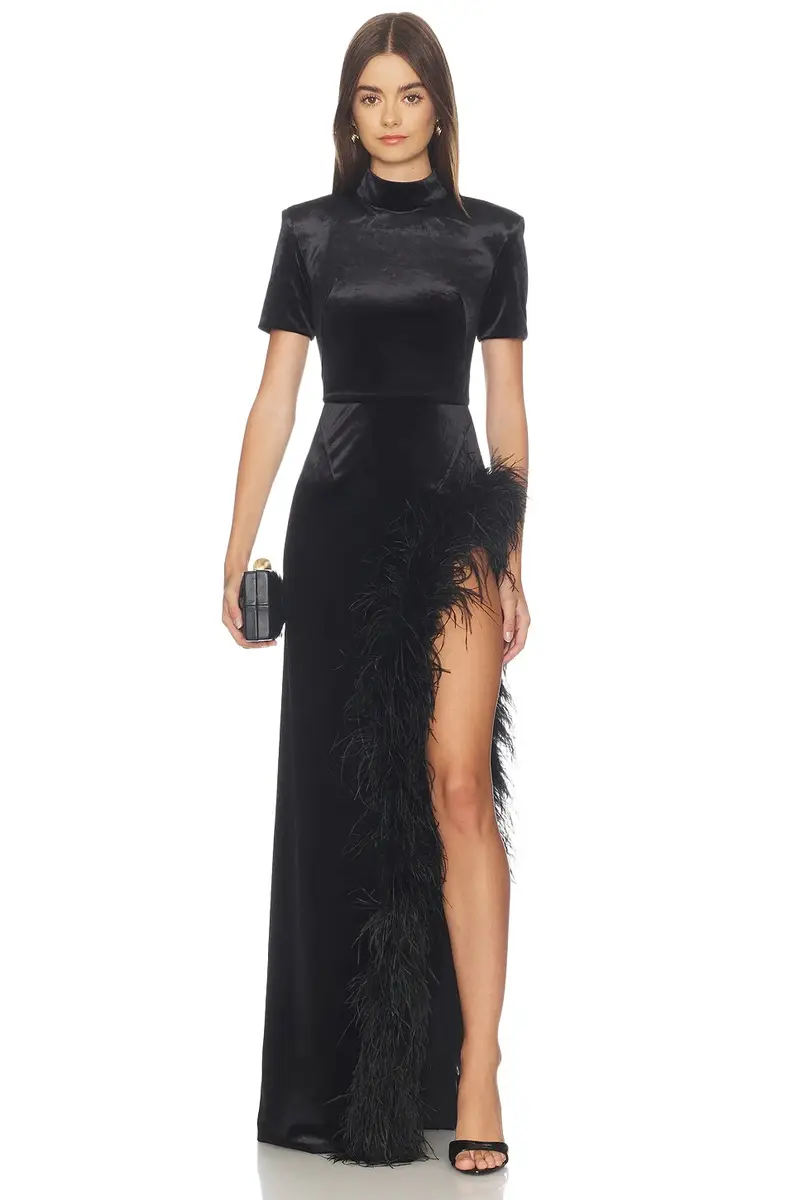 Bronx and Banco Short Sleeve Velvet Maxi Dress With Feather Trim