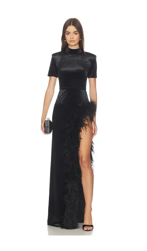 Short Sleeve Velvet Maxi Dress With Feather Trim