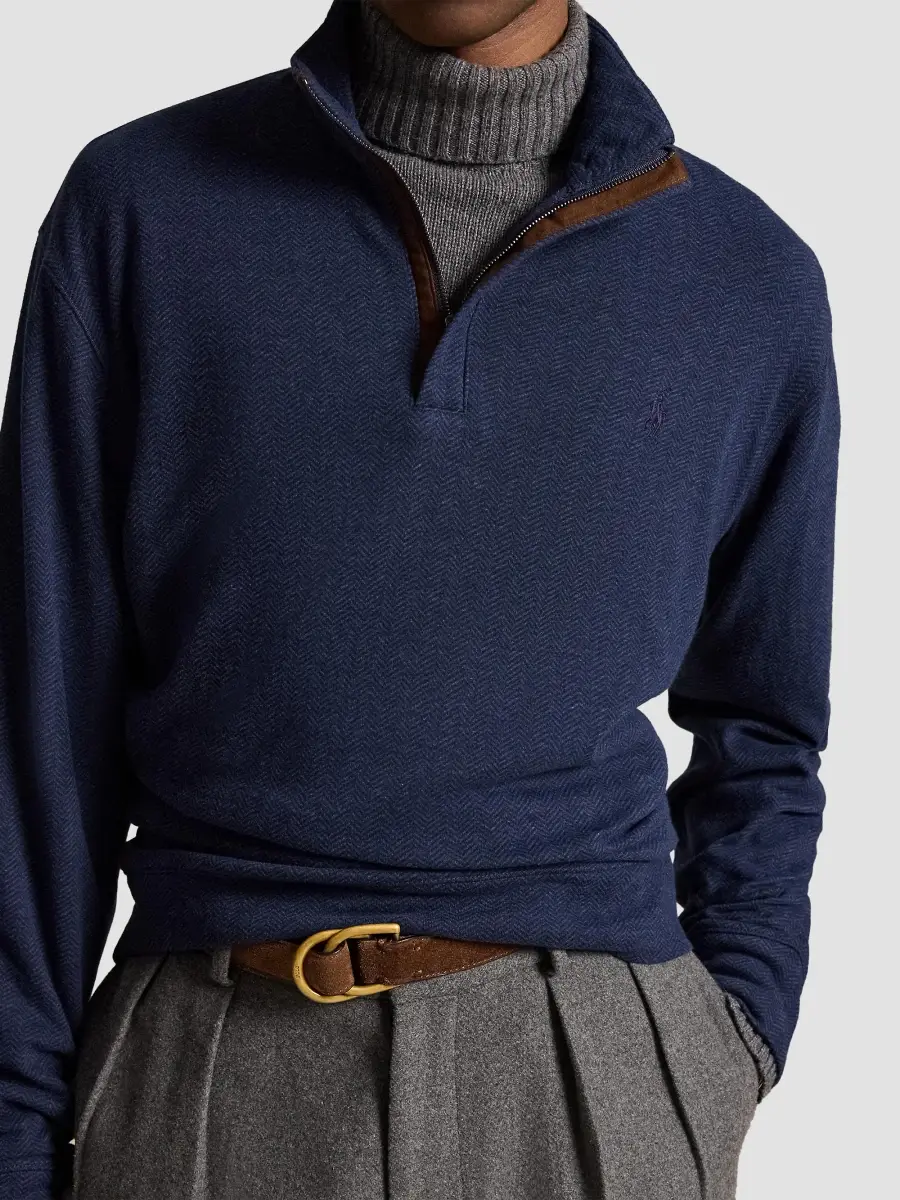 Polo Ralph Lauren Men's Herringbone-Print Jersey Quarter-Zip Sweater | Thumbnail 5