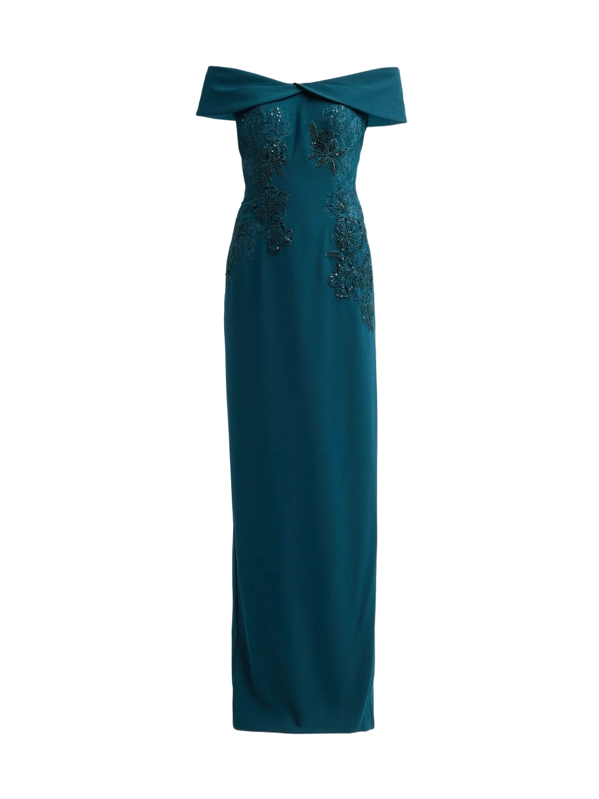 Rene Ruiz Collection Women's Embroidered Off-the-Shoulder Column Gown