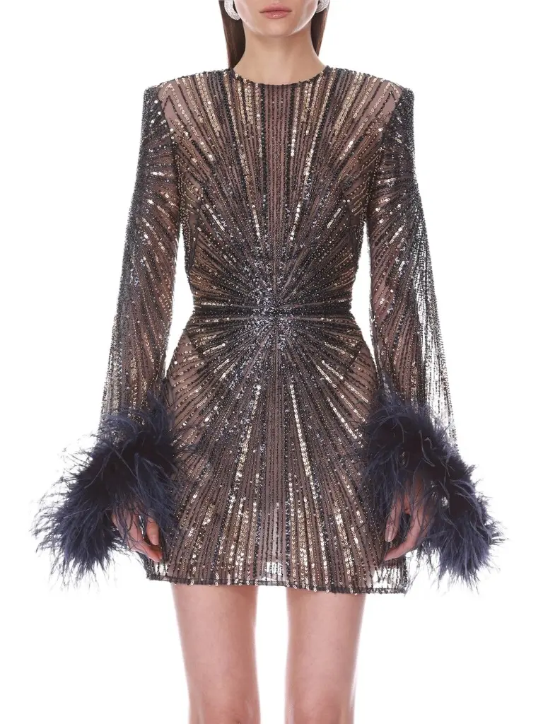 Women's Embellished Feather-Cuff Mini Dress