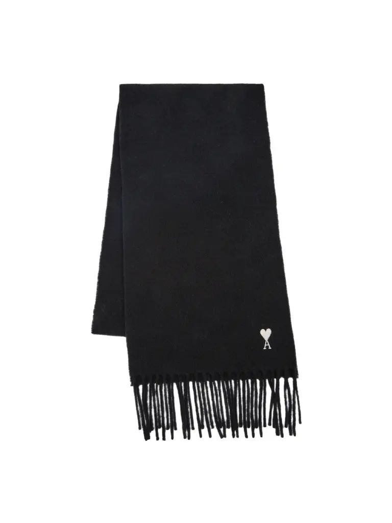 AMI PARIS Men's Embroidered Fringed Wool Scarf