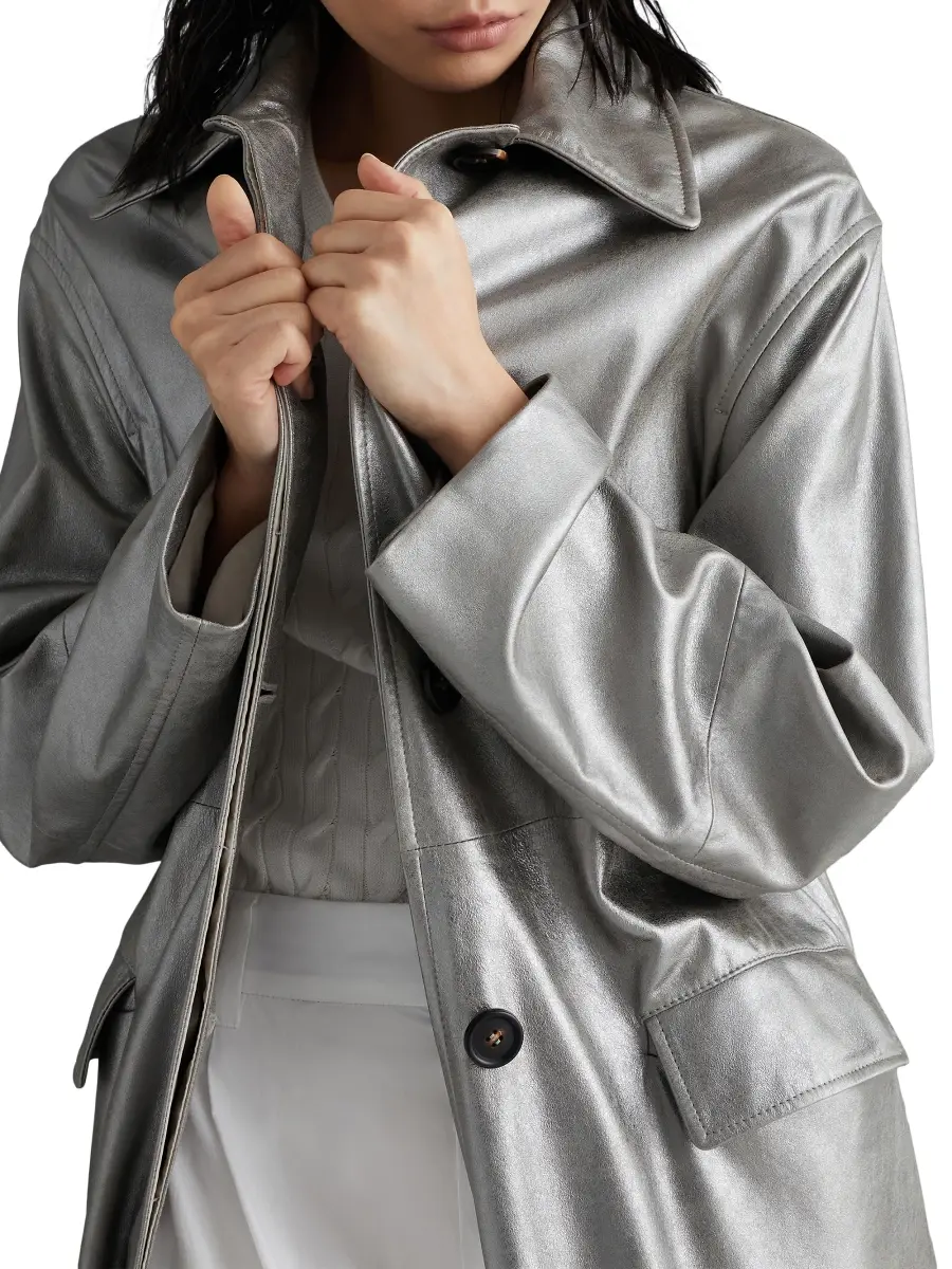 Brunello Cucinelli Women's Lamé Suede Trench With Monili - Silver | Thumbnail 5 Brunello Cucinelli Women's Lamé Suede Trench With Monili - Silver | Thumbnail 5
