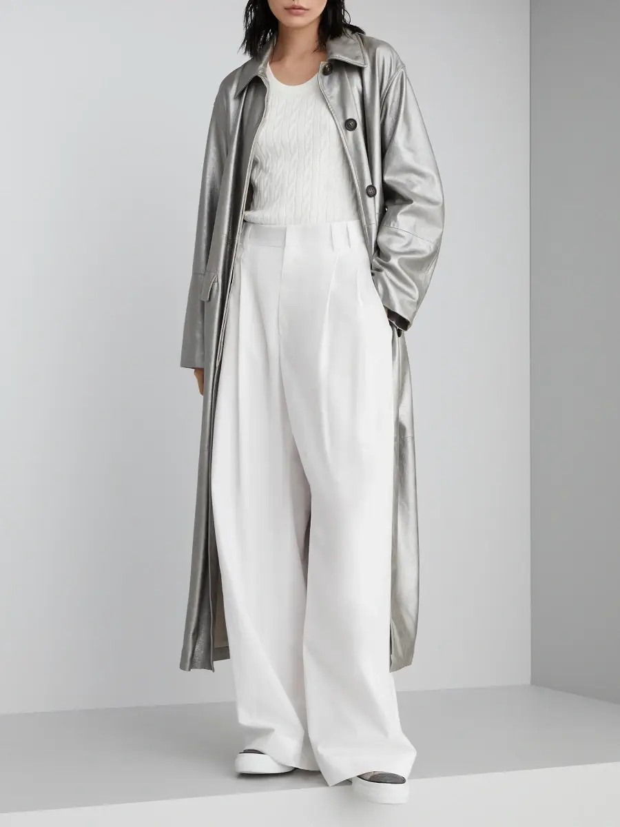 Brunello Cucinelli Women's Lamé Suede Trench With Monili - Silver | Thumbnail 6 Brunello Cucinelli Women's Lamé Suede Trench With Monili - Silver | Thumbnail 6