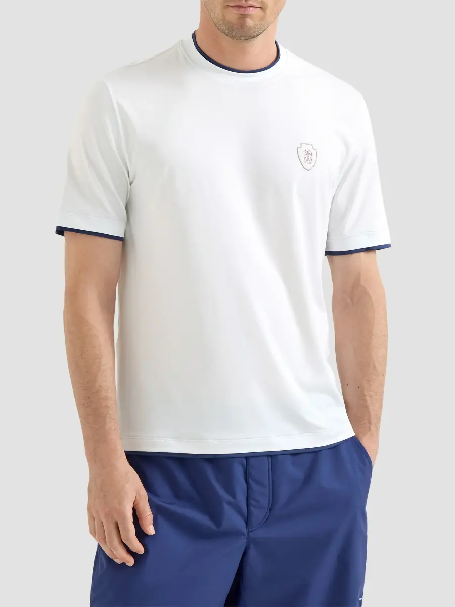 Brunello Cucinelli Men's Comfort Nylon Crewneck T-Shirt with Faux-Layering and Logo - White | Thumbnail 2 Brunello Cucinelli Men's Comfort Nylon Crewneck T-Shirt with Faux-Layering and Logo - White | Thumbnail 2