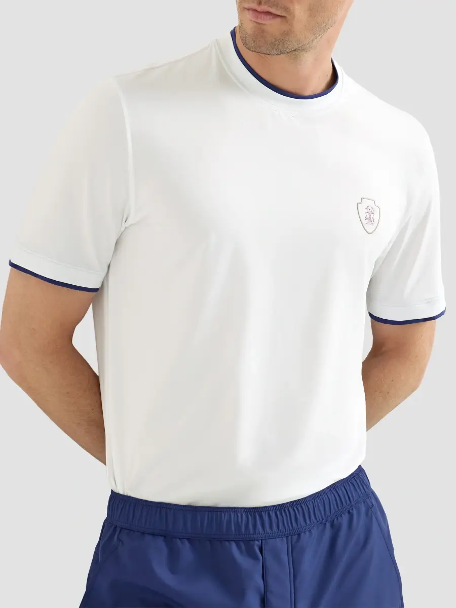 Brunello Cucinelli Men's Comfort Nylon Crewneck T-Shirt with Faux-Layering and Logo - White | Thumbnail 4 Brunello Cucinelli Men's Comfort Nylon Crewneck T-Shirt with Faux-Layering and Logo - White | Thumbnail 4