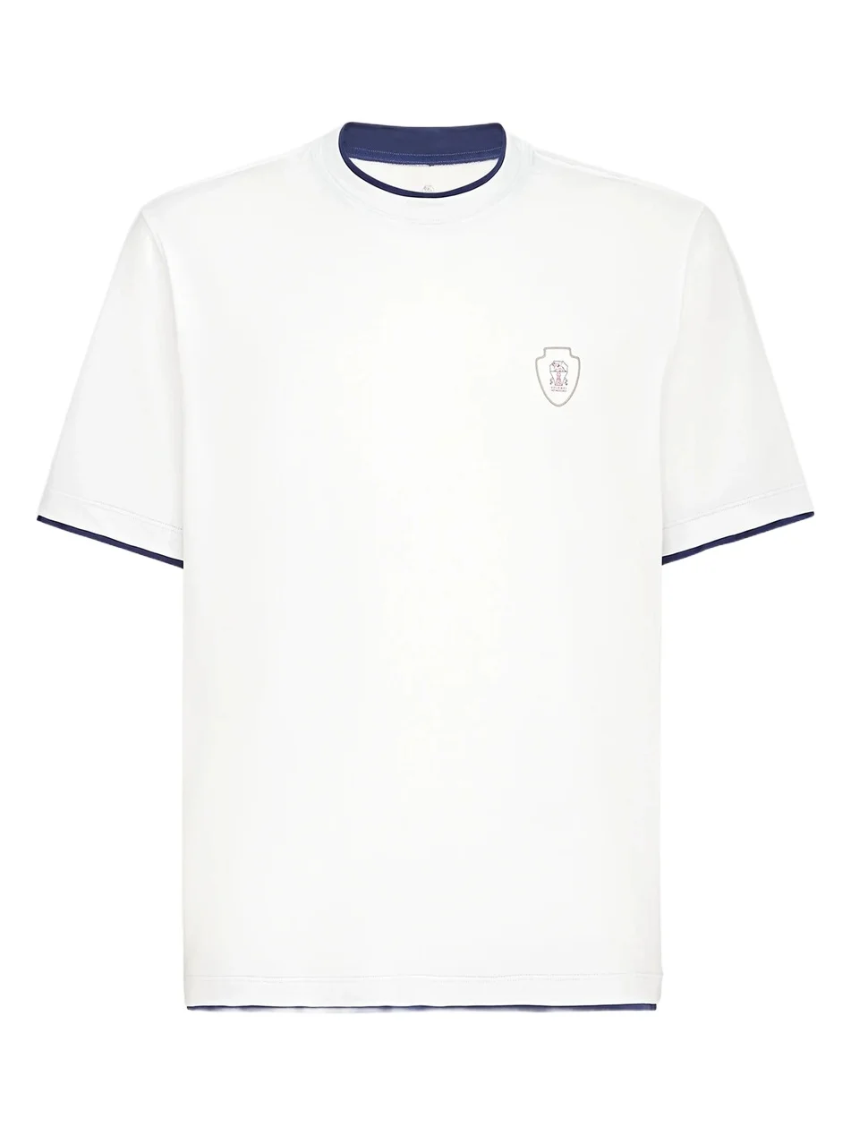 Brunello Cucinelli Men's Comfort Nylon Crewneck T-Shirt with Faux-Layering and Logo - White