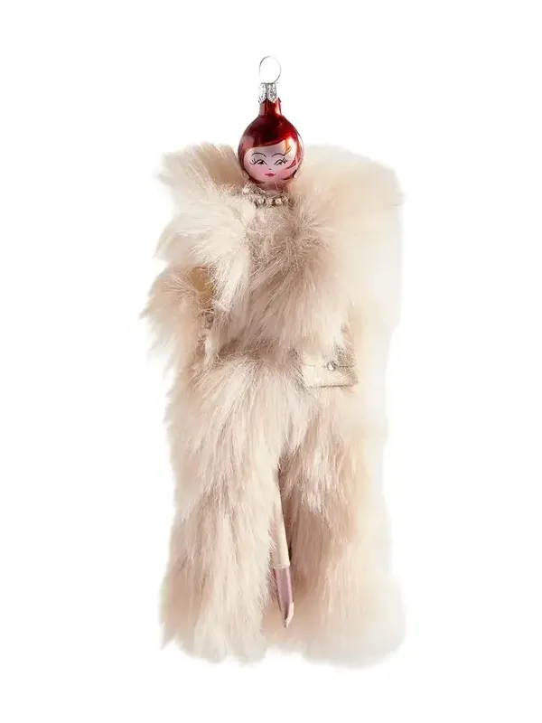 De Carlini Fashionista in Cream Fur Coat Christmas Ornament