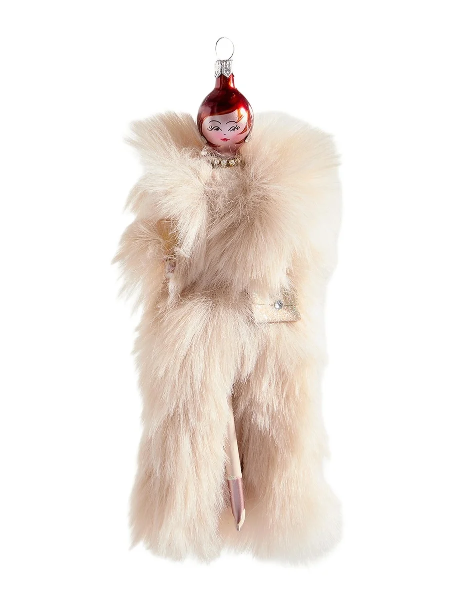 De Carlini Fashionista in Cream Fur Coat Christmas Ornament