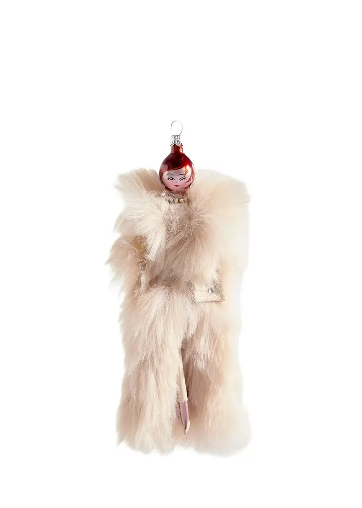 De Carlini Fashionista in Cream Fur Coat Christmas Ornament