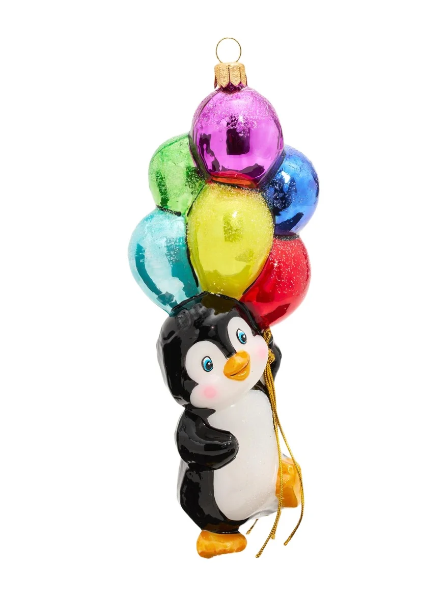 Impuls Penguin With Balloons Glass Ornament