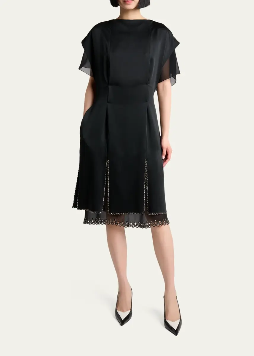 Lanvin Cap-Sleeve Studded Satin Paneled Midi Dress | Thumbnail 2