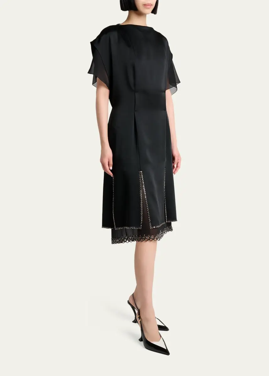 Lanvin Cap-Sleeve Studded Satin Paneled Midi Dress | Thumbnail 4