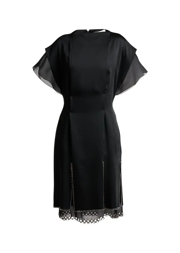 Lanvin Cap-Sleeve Studded Satin Paneled Midi Dress