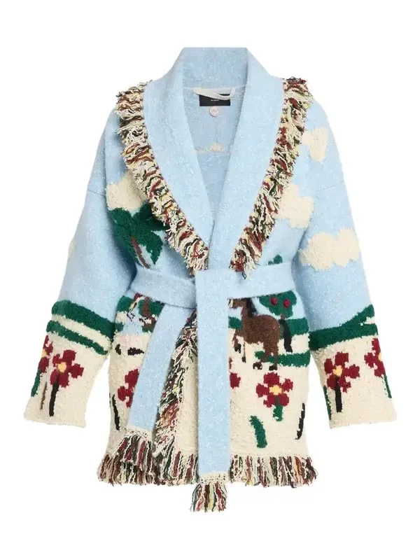 Casa Double-Jacquard Knit Fringed Wrap Cardigan