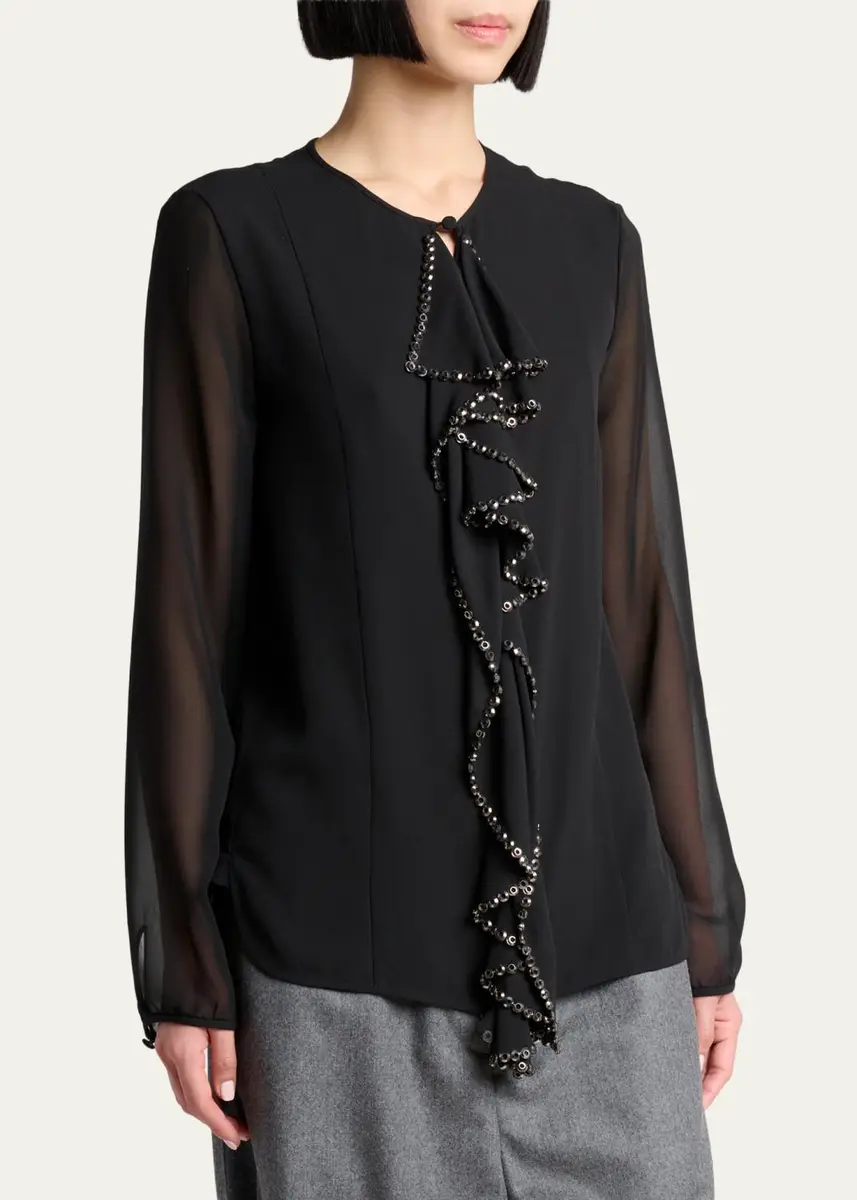 Lanvin Embroidered Ruffle Silk Georgette Long-Sleeve Blouse | Thumbnail 4 Lanvin Embroidered Ruffle Silk Georgette Long-Sleeve Blouse | Thumbnail 4