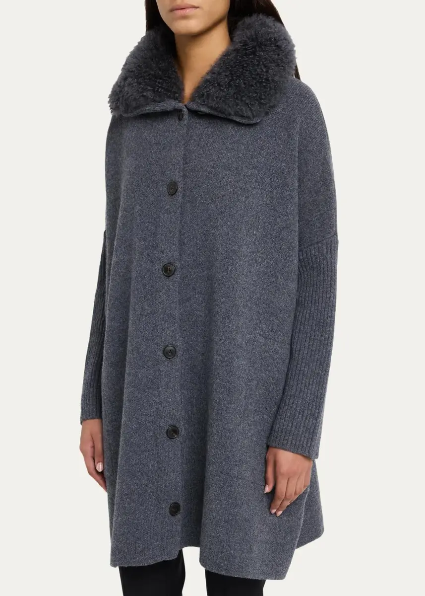 Yves Salomon Goat Shearling Collar Oversized Wool Knit Coat | Thumbnail 4 Yves Salomon Goat Shearling Collar Oversized Wool Knit Coat | Thumbnail 4