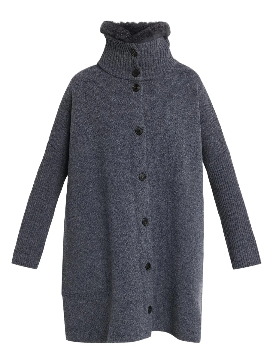 Yves Salomon Goat Shearling Collar Oversized Wool Knit Coat