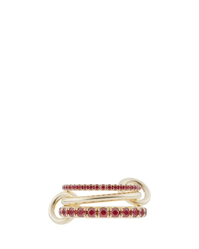 Norah 18K Yellow Gold Red Ruby Pave 3-Band Ring Norah 18K Yellow Gold Red Ruby Pave 3-Band Ring