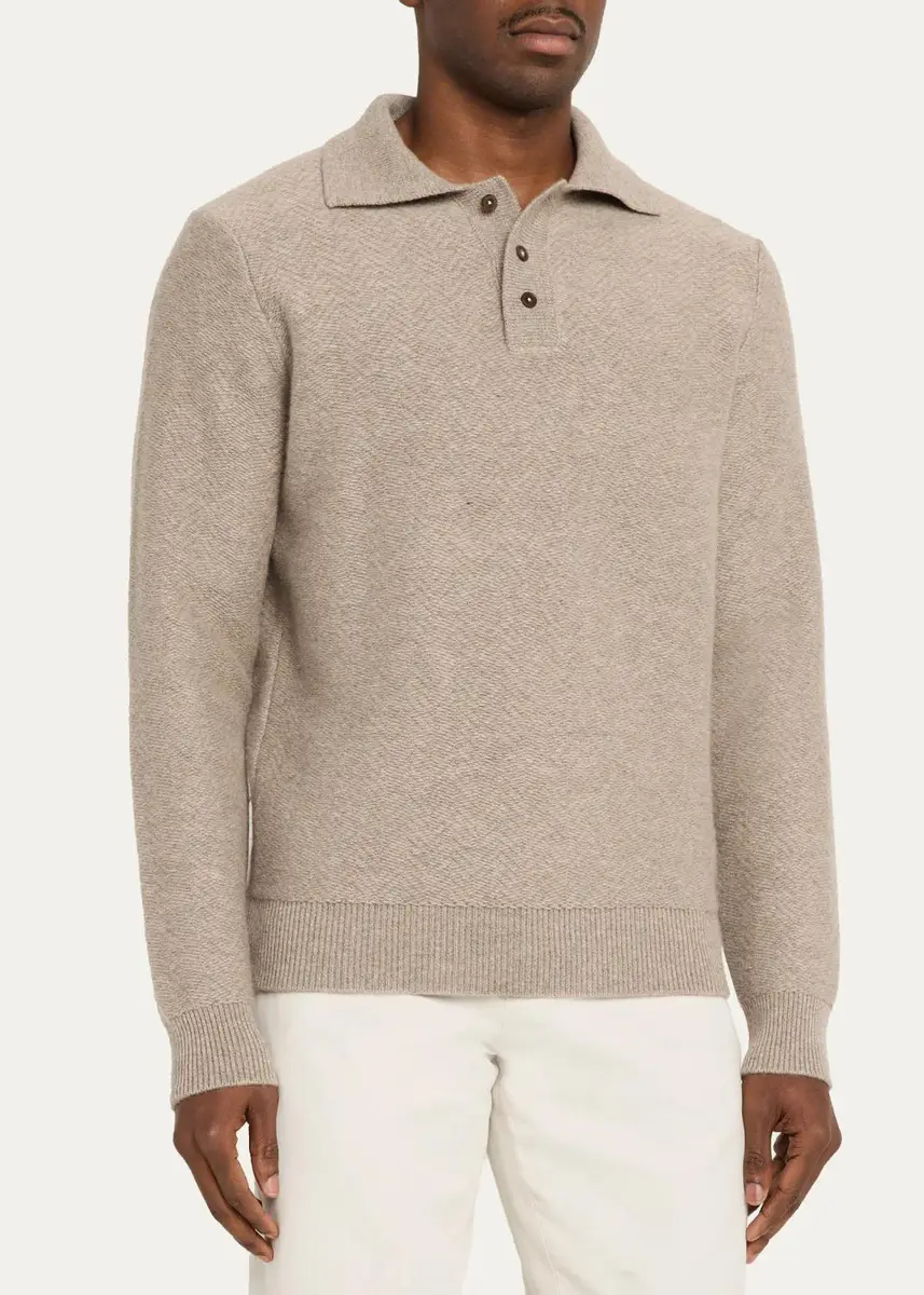 Cesare Attolini Men's Cashmere Herringbone Polo Sweater | Thumbnail 4 Cesare Attolini Men's Cashmere Herringbone Polo Sweater | Thumbnail 4