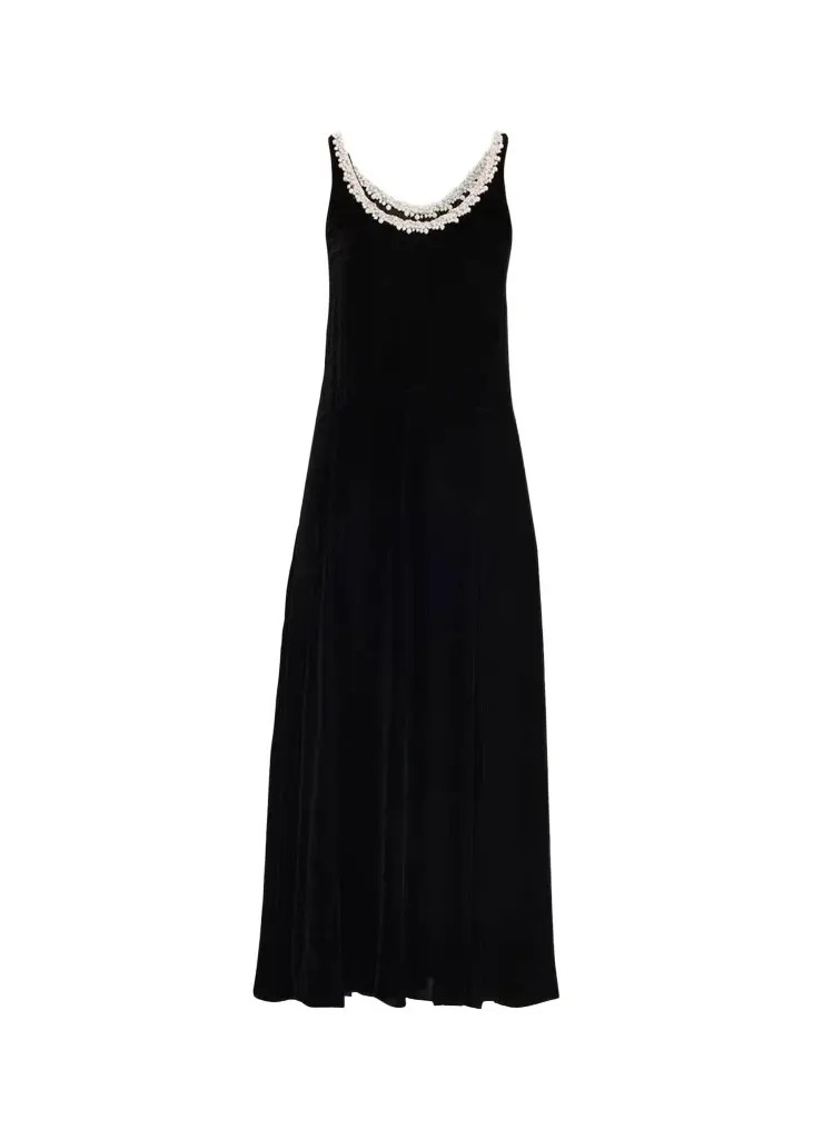 Maria McManus Pearly Beaded Scoop-Neck Velvet Midi Dress