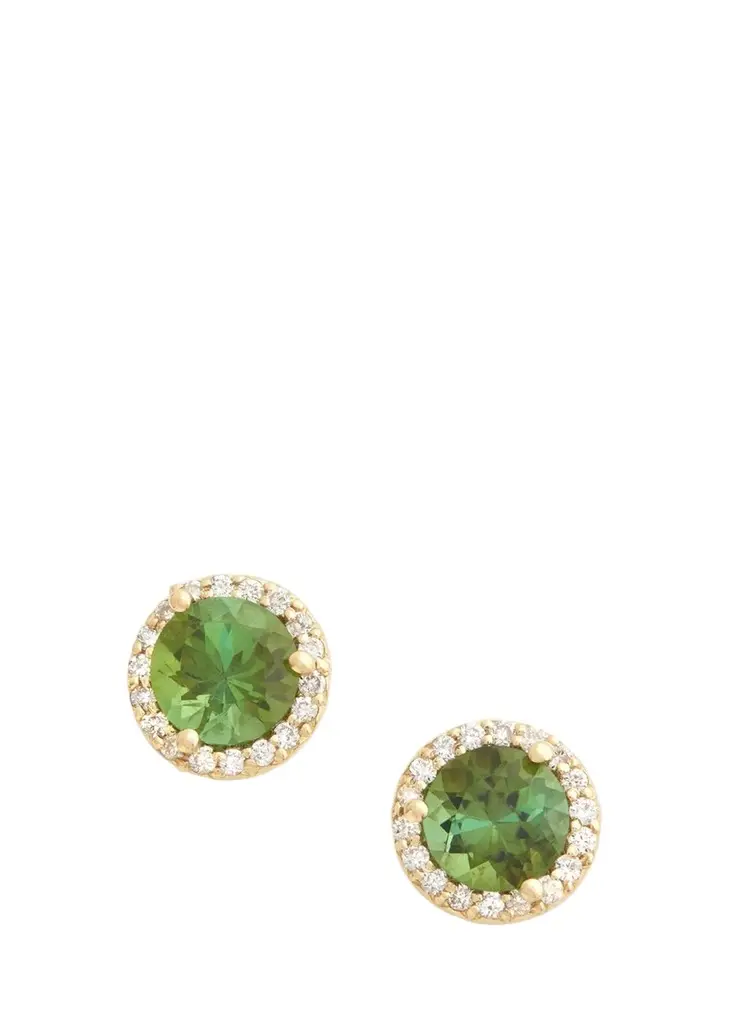 18K Yellow Gold Green Tourmaline Diamond Halo Stud Earrings