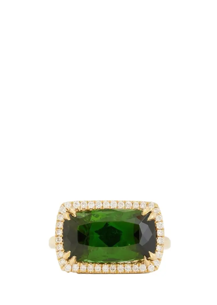 18K Yellow Gold Green Tourmaline Statement Ring with Pave Diamonds 18K Yellow Gold Green Tourmaline Statement Ring with Pave Diamonds