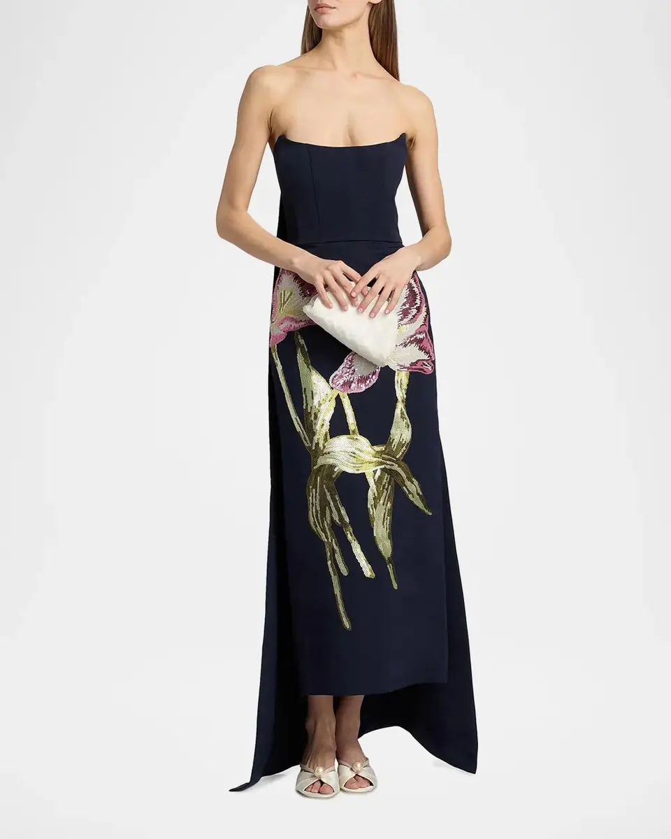 Amsale Strapless Sequined Floral Cape Column Gown | Thumbnail 2
