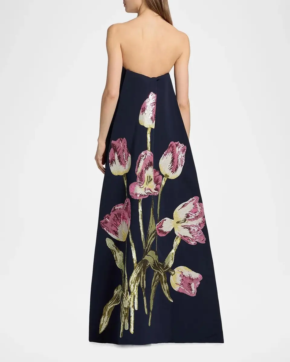 Amsale Strapless Sequined Floral Cape Column Gown | Thumbnail 3