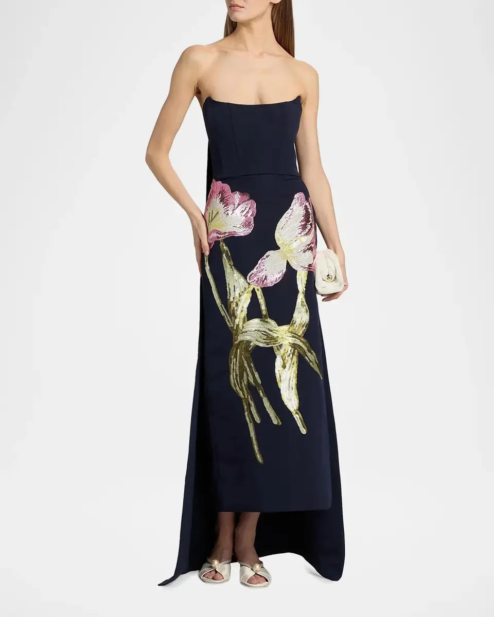 Amsale Strapless Sequined Floral Cape Column Gown | Thumbnail 4
