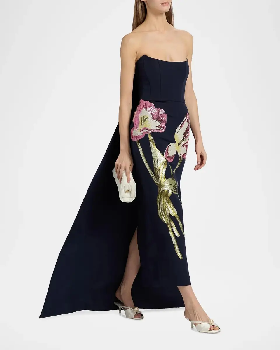 Amsale Strapless Sequined Floral Cape Column Gown | Thumbnail 7