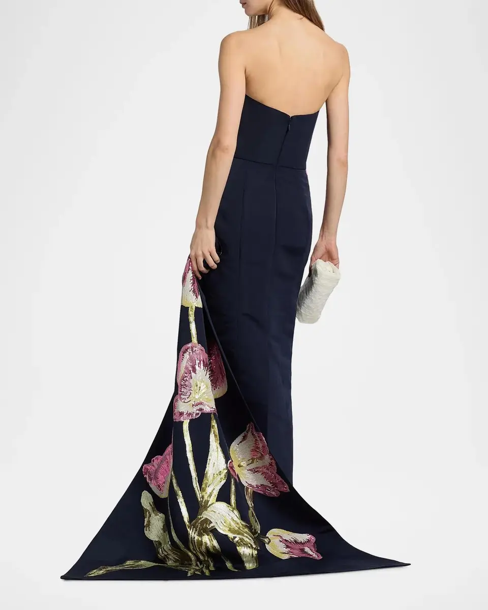 Amsale Strapless Sequined Floral Cape Column Gown | Thumbnail 8