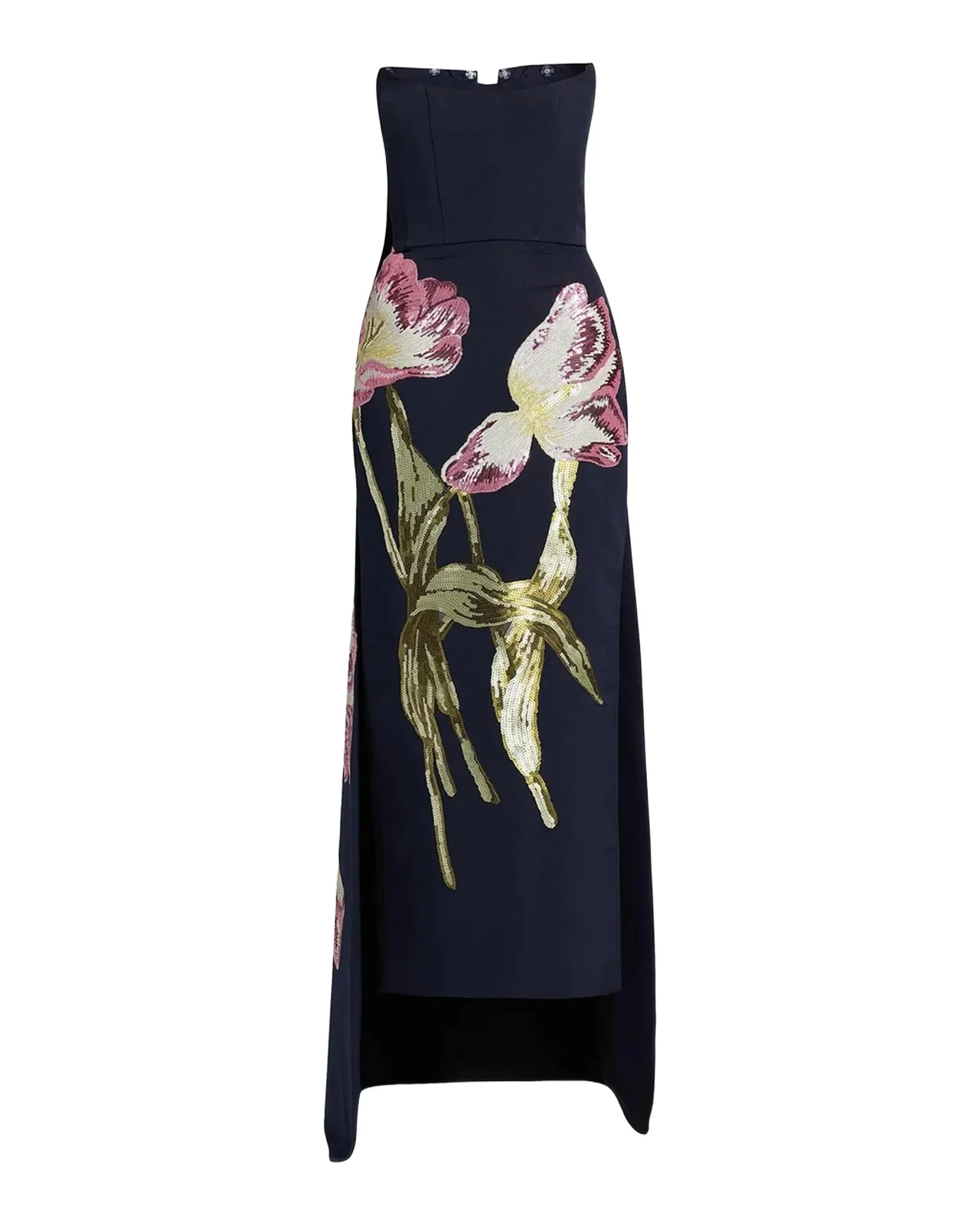 Amsale Strapless Sequined Floral Cape Column Gown