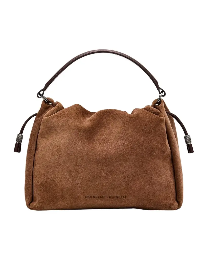 Drawstring Suede Top-Handle Bag
