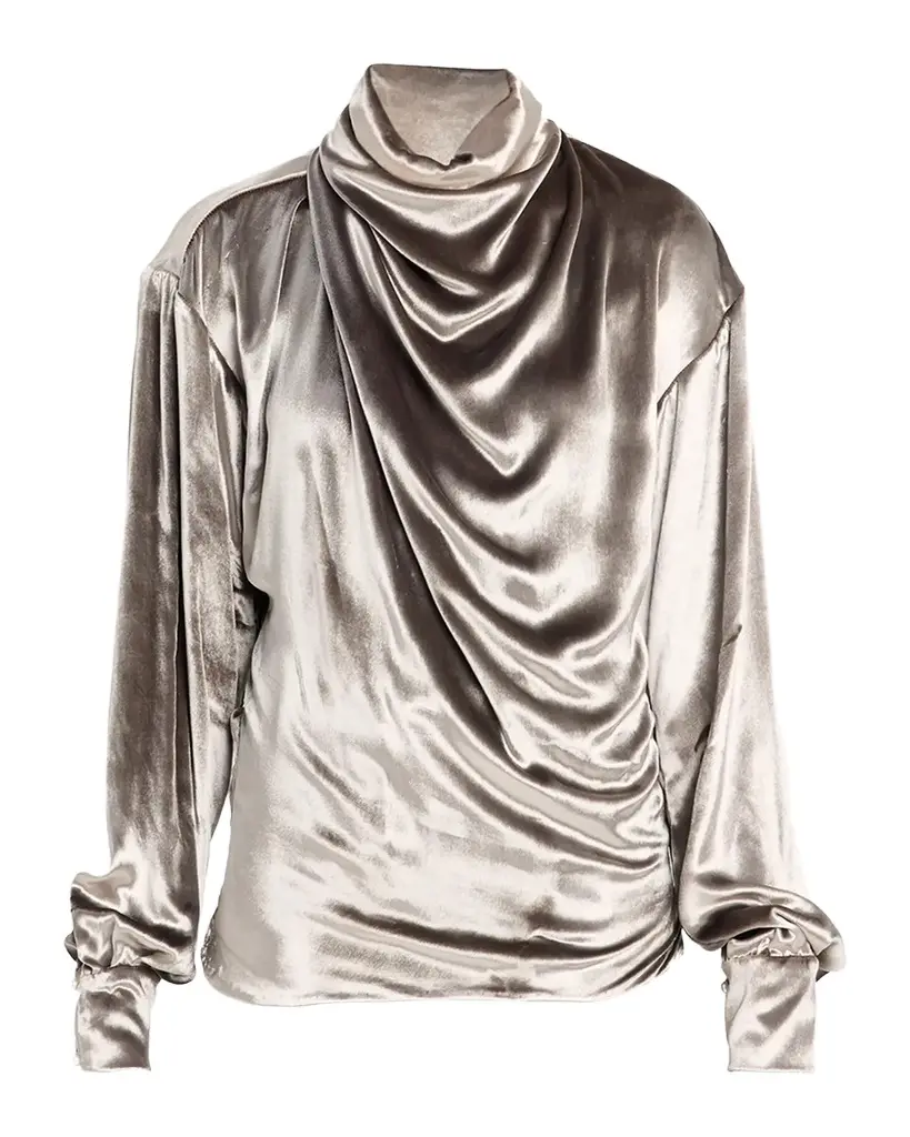 Draped Wrap-Neck Velvet Long-Sleeve Blouse Draped Wrap-Neck Velvet Long-Sleeve Blouse