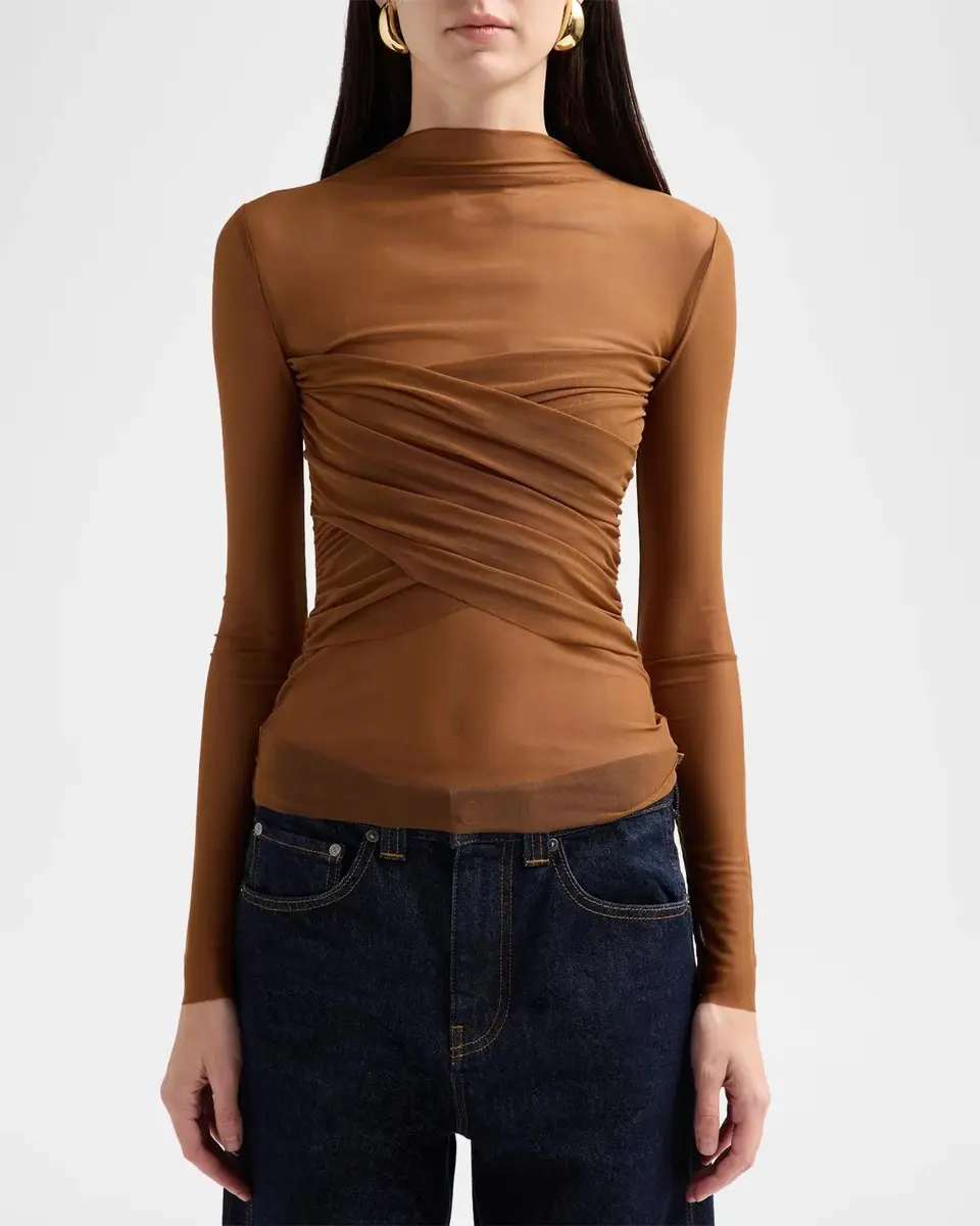 SEROYA Saffy Ruched Criss-Cross Mesh Top | Thumbnail 4