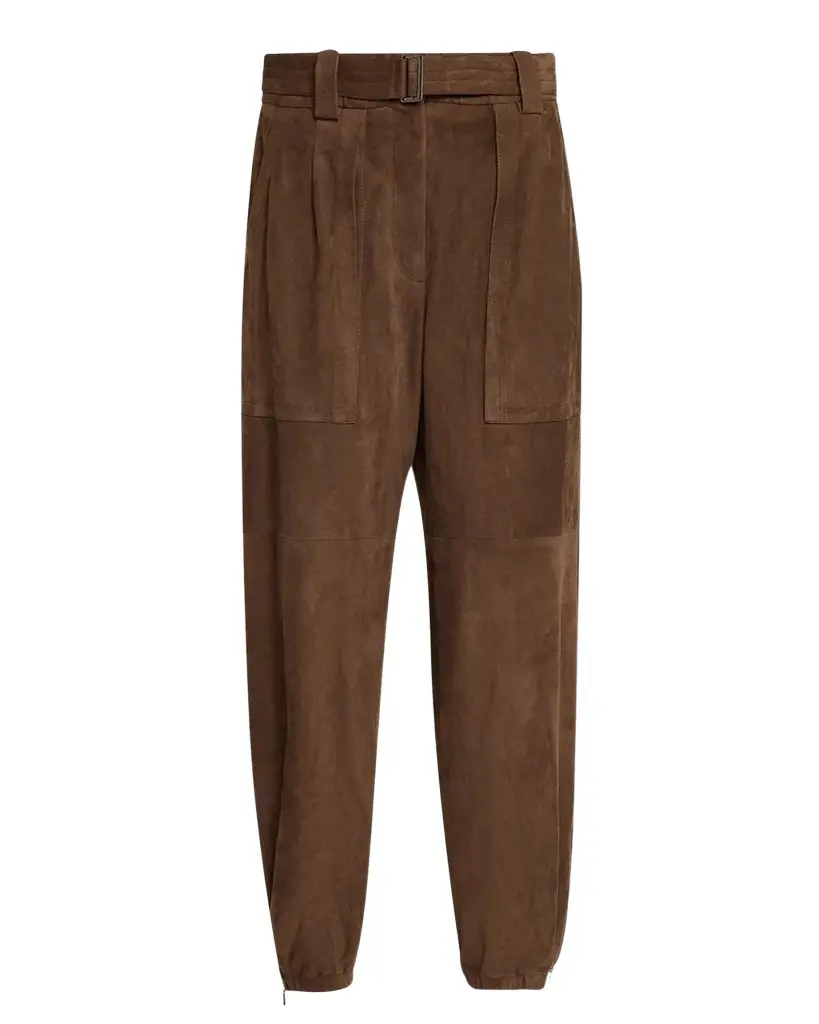 Brunello Cucinelli Belted Suede Baggy-Leg Ankle Cargo Pants