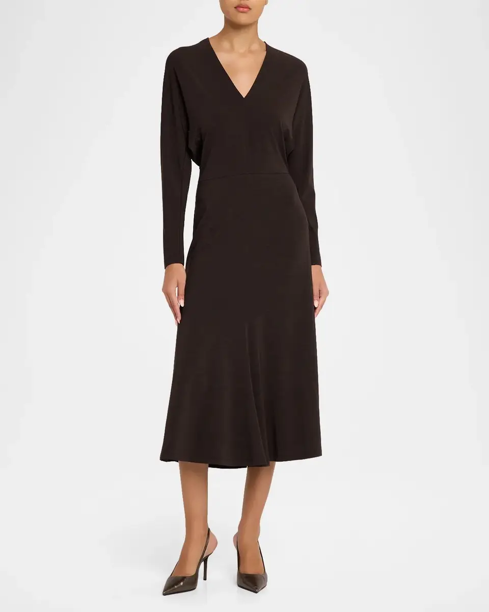 Brunello Cucinelli Long-Sleeve Couture Wool Jersey Fit-And-Flare Midi Dress | Thumbnail 2 Brunello Cucinelli Long-Sleeve Couture Wool Jersey Fit-And-Flare Midi Dress | Thumbnail 2