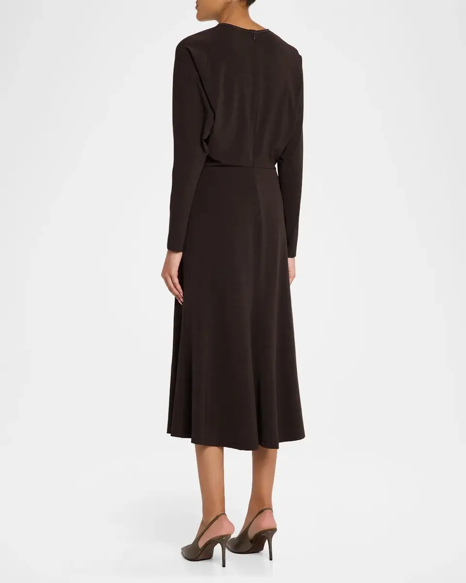 Brunello Cucinelli Long-Sleeve Couture Wool Jersey Fit-And-Flare Midi Dress | Thumbnail 3 Brunello Cucinelli Long-Sleeve Couture Wool Jersey Fit-And-Flare Midi Dress | Thumbnail 3