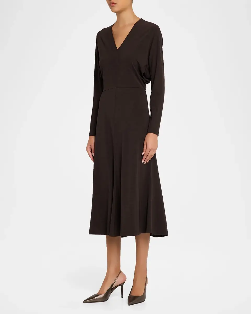 Brunello Cucinelli Long-Sleeve Couture Wool Jersey Fit-And-Flare Midi Dress | Thumbnail 4 Brunello Cucinelli Long-Sleeve Couture Wool Jersey Fit-And-Flare Midi Dress | Thumbnail 4