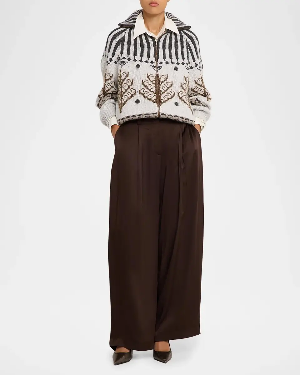 Brunello Cucinelli Fluid Silk Satin Pleated Soft Barrel-Leg Pants | Thumbnail 2