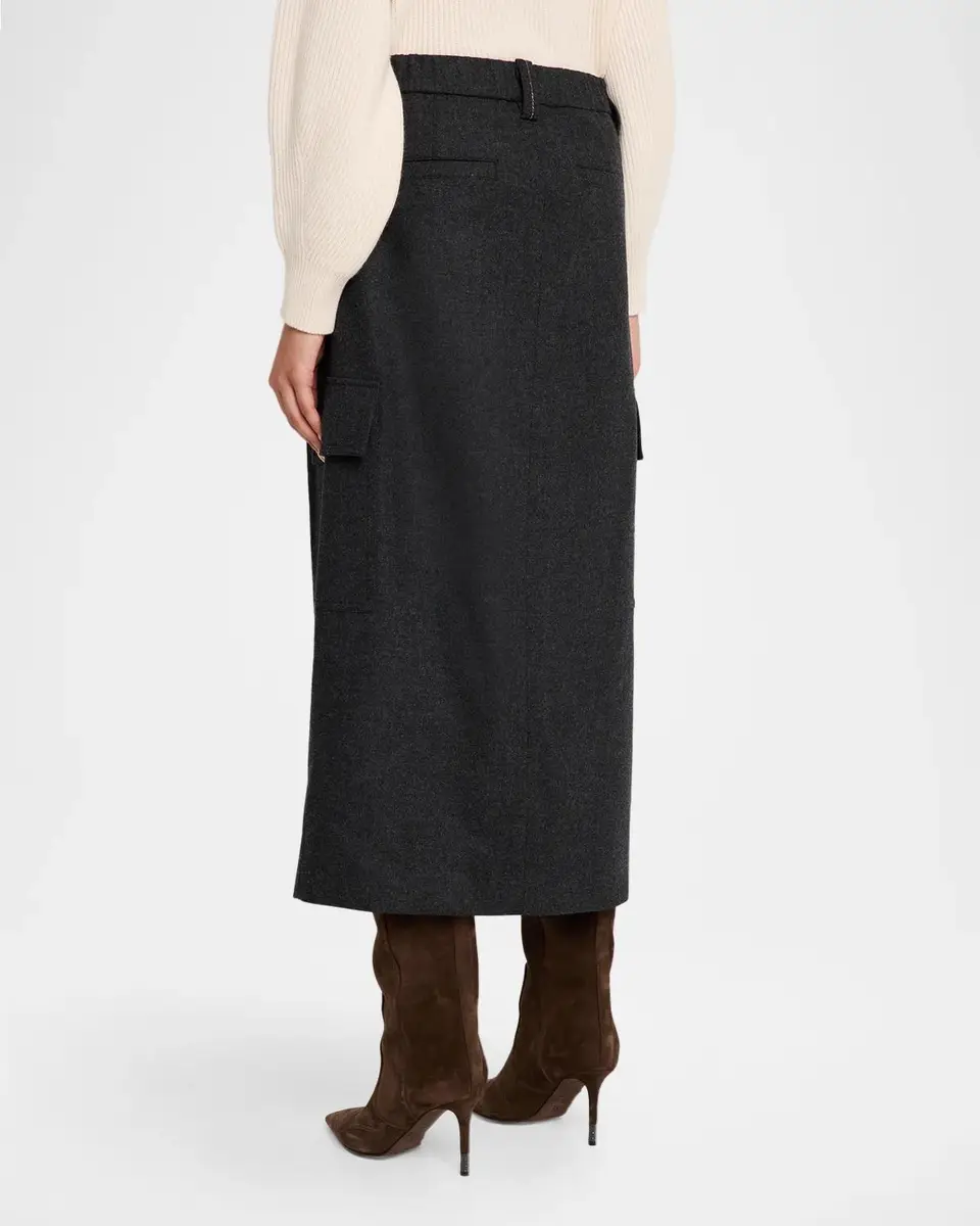 Brunello Cucinelli Cashmere-Wool Flannel Midi Utility Skirt | Thumbnail 3 Brunello Cucinelli Cashmere-Wool Flannel Midi Utility Skirt | Thumbnail 3