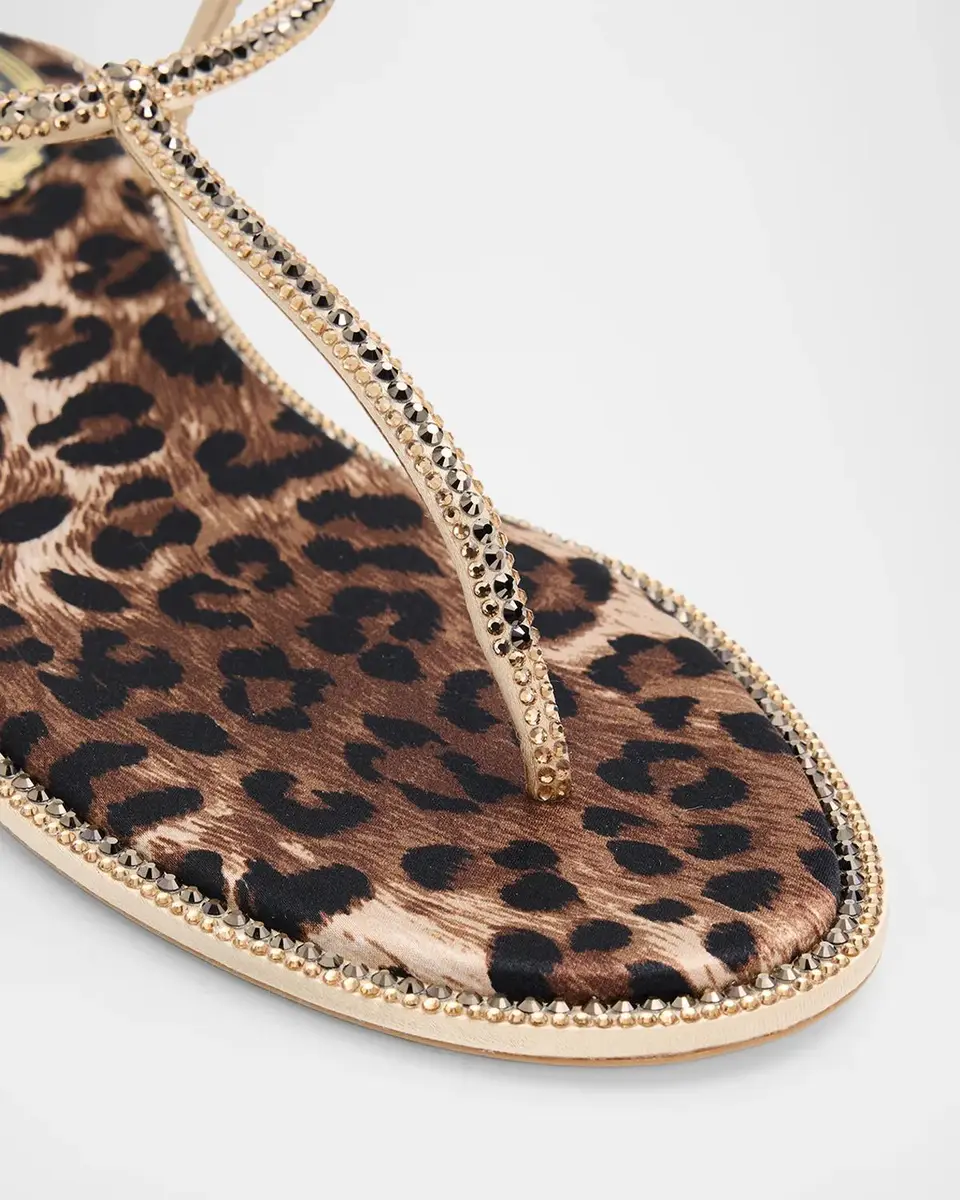 René Caovilla Embellished Leopard Satin Flat Thong Sandals | Thumbnail 3