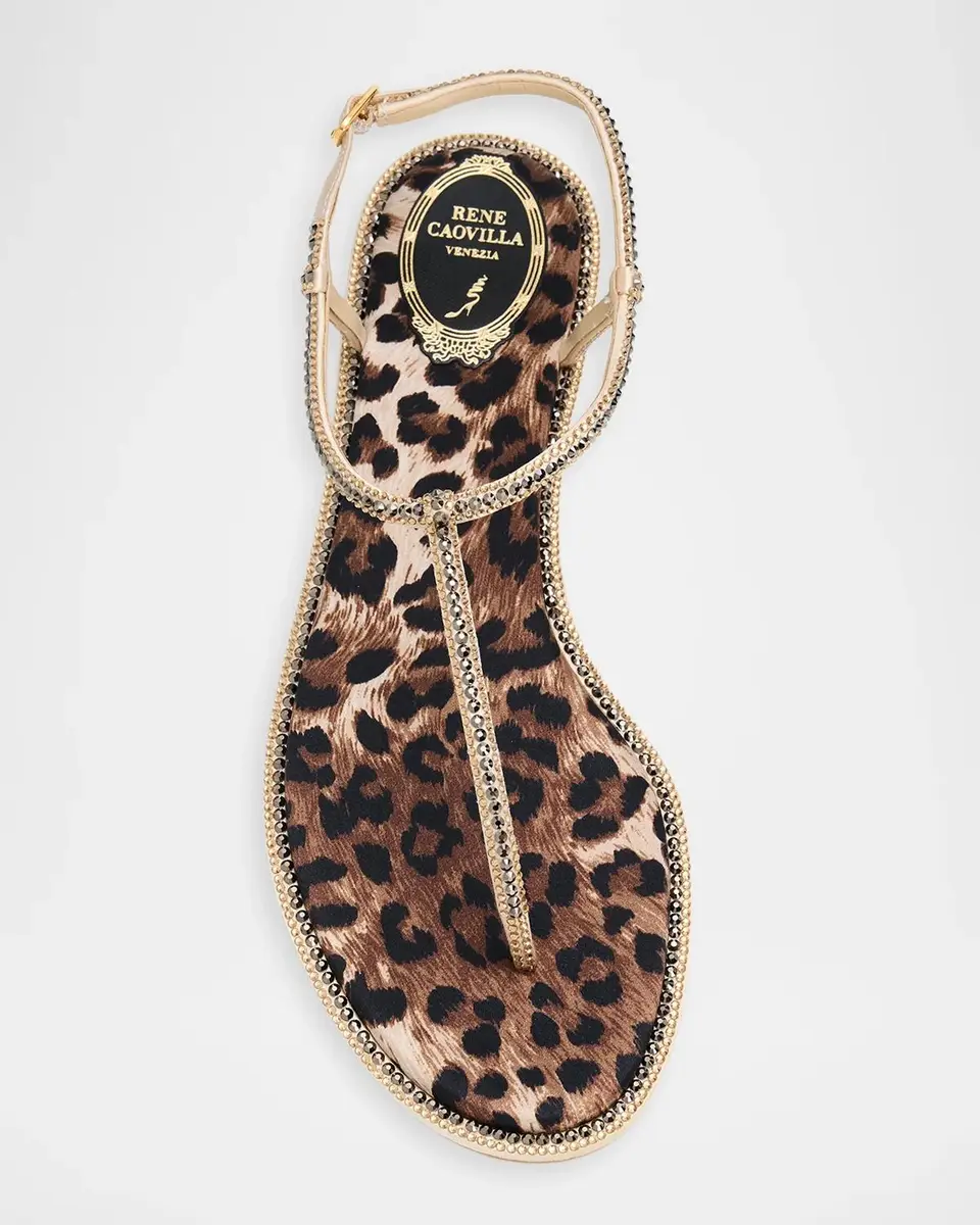 René Caovilla Embellished Leopard Satin Flat Thong Sandals | Thumbnail 4