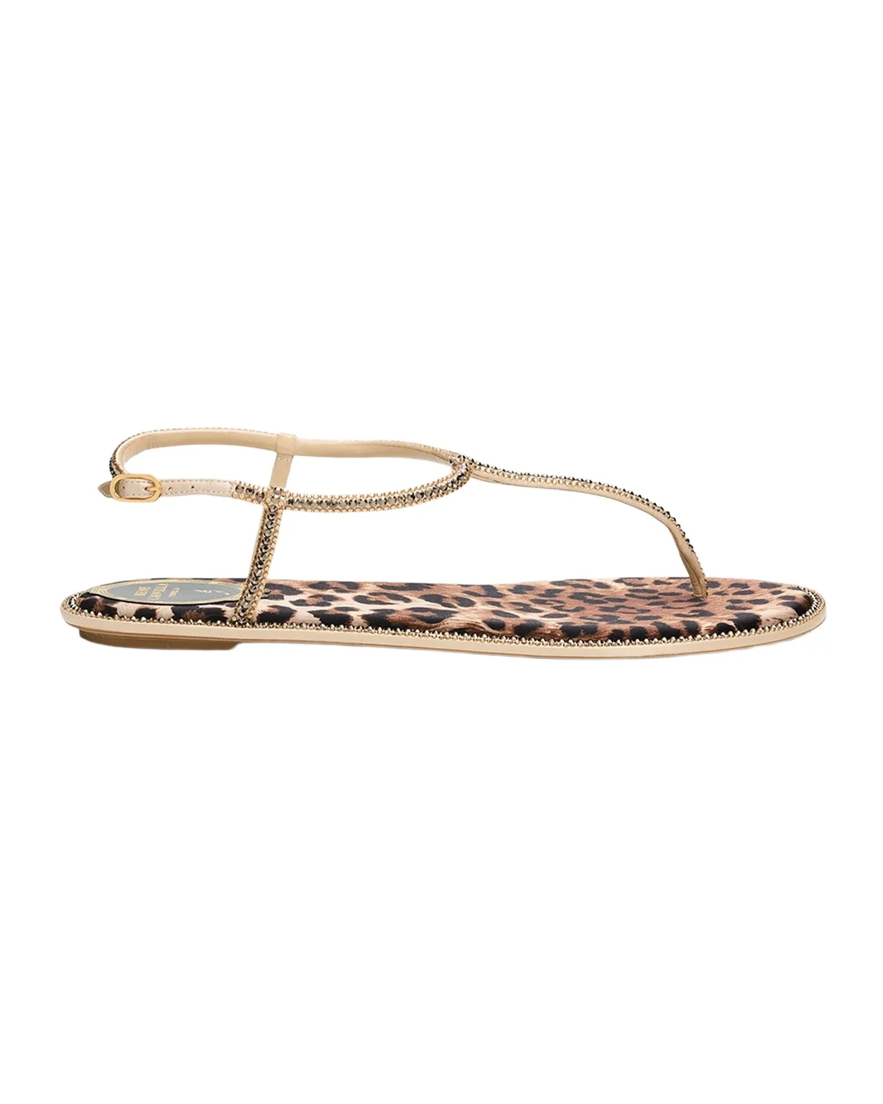 René Caovilla Embellished Leopard Satin Flat Thong Sandals