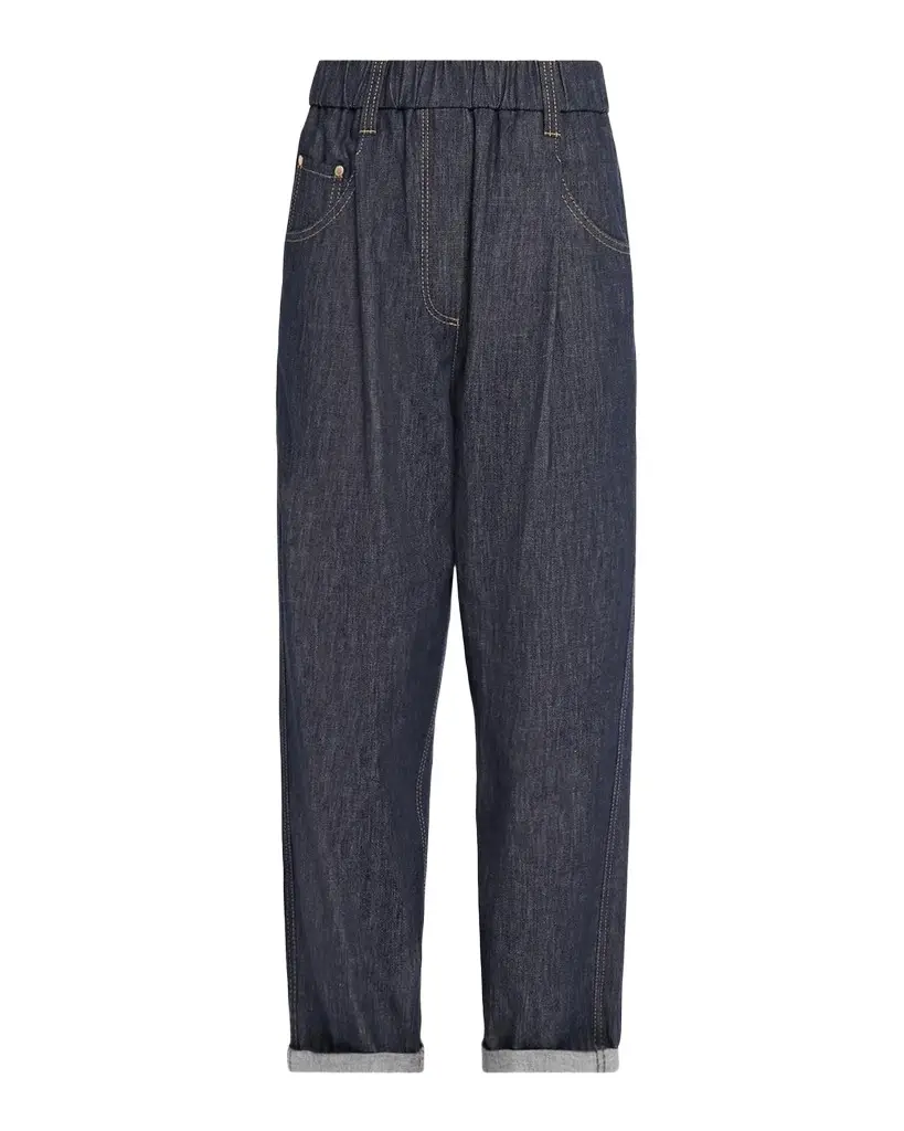 Pleated Straight-Leg Ankle Pull-On Jeans