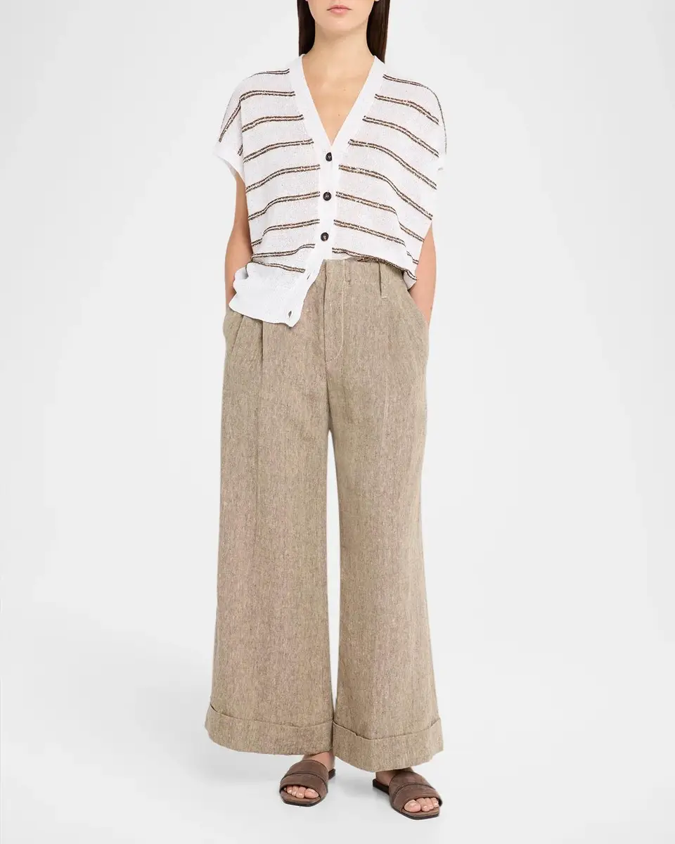 Brunello Cucinelli Rustic Linen Pleated Boxy Wide-Leg Ankle Trousers With Monili | Thumbnail 2 Brunello Cucinelli Rustic Linen Pleated Boxy Wide-Leg Ankle Trousers With Monili | Thumbnail 2